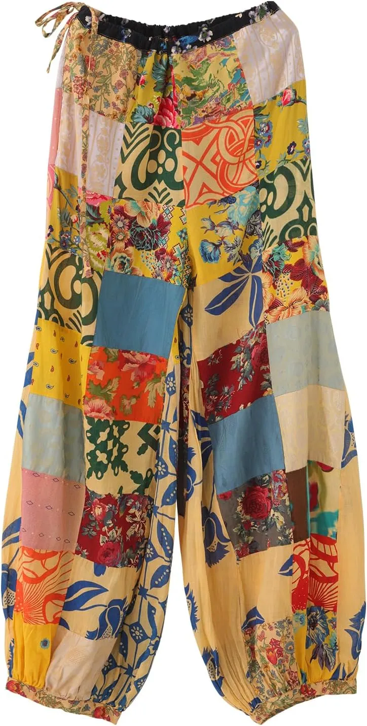 Women's Spliced Wide Leg Lantern Pants Loose Cotton Yoga Pants Bohemian Harem Trousers