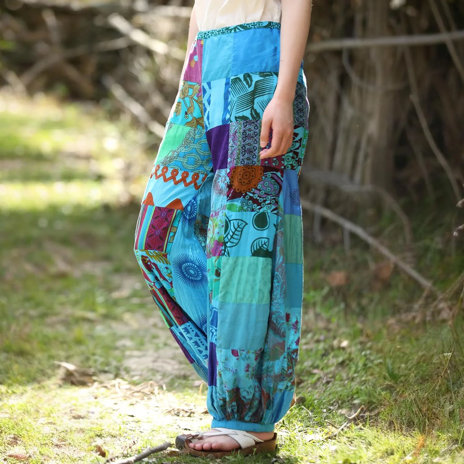 Women's Spliced Wide Leg Lantern Pants Loose Cotton Yoga Pants Bohemian Harem Trousers