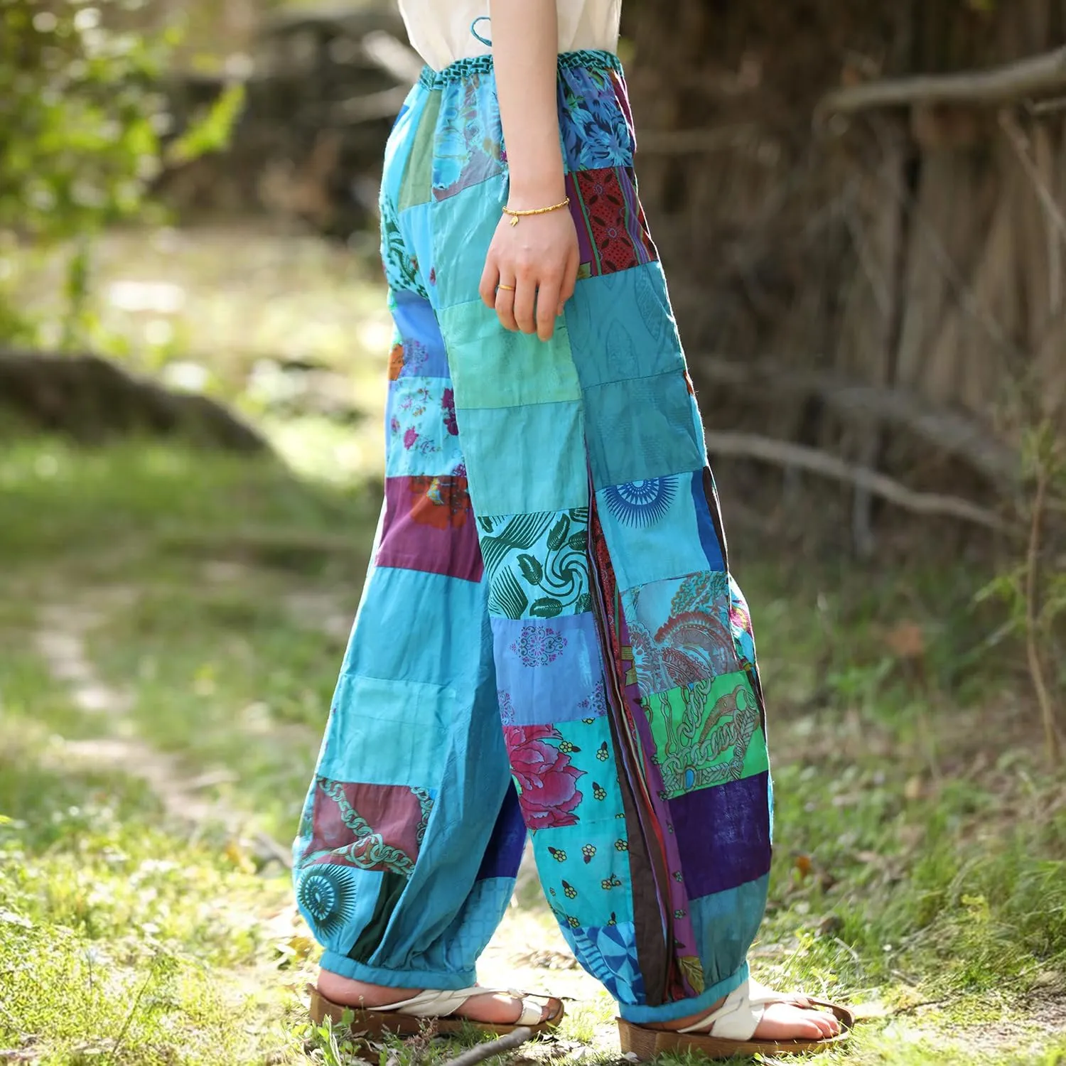 Women's Spliced Wide Leg Lantern Pants Loose Cotton Yoga Pants Bohemian Harem Trousers
