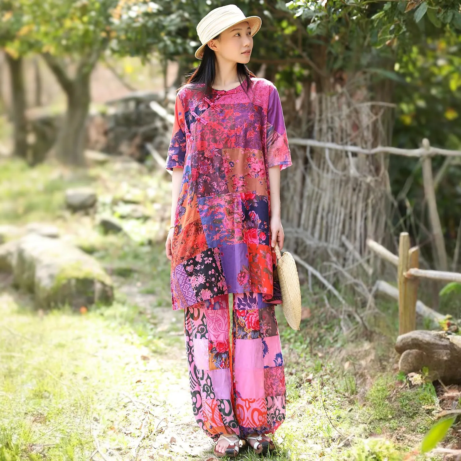 Women's Spliced Wide Leg Lantern Pants Loose Cotton Yoga Pants Bohemian Harem Trousers