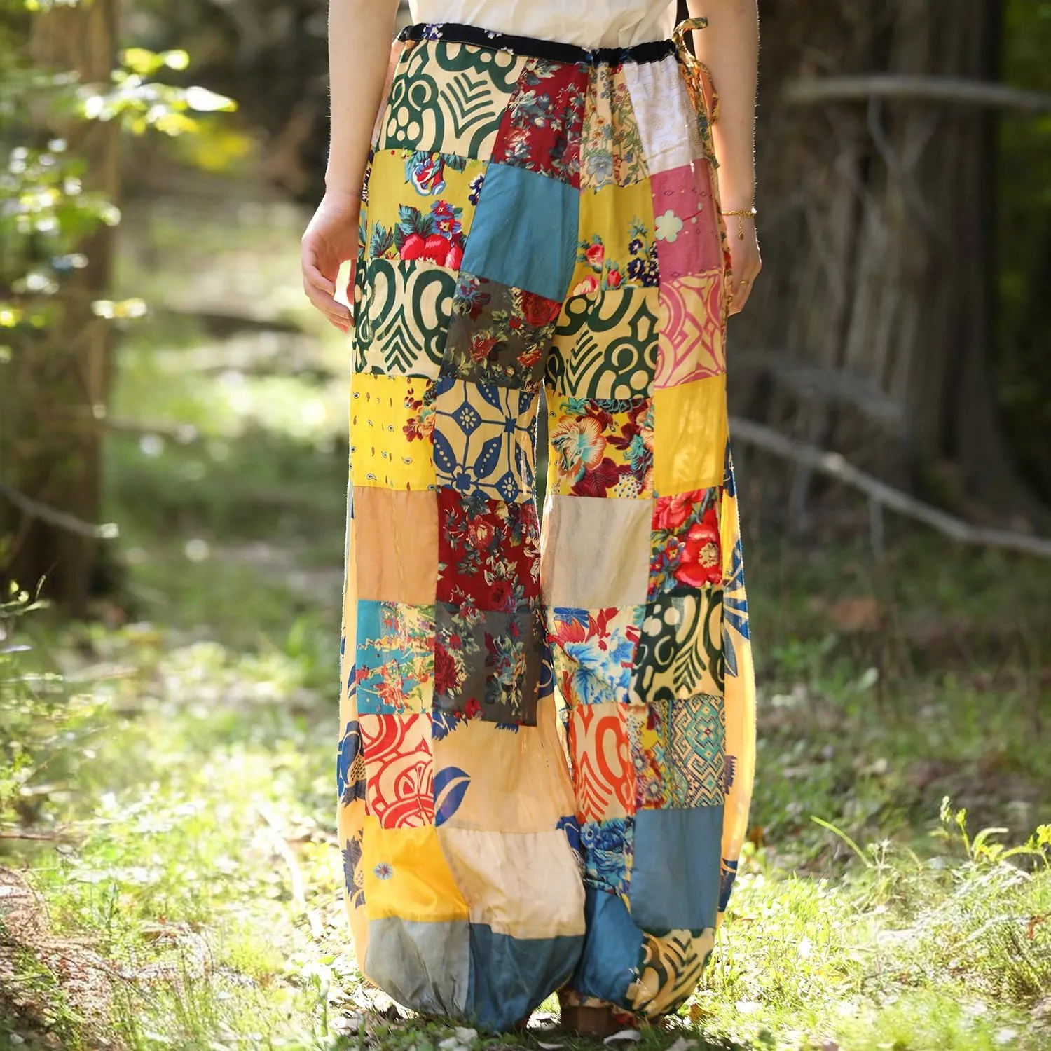 Women's Spliced Wide Leg Lantern Pants Loose Cotton Yoga Pants Bohemian Harem Trousers