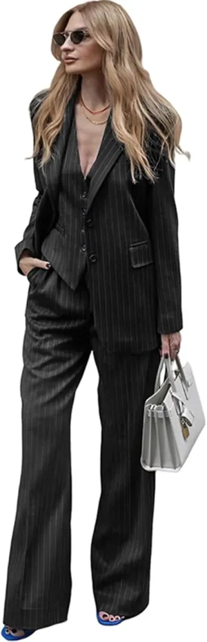 Women's Stripes 3 Piece Suits Slim Fit Office Lady Business Blazer Jacket Vest Pant Outfits