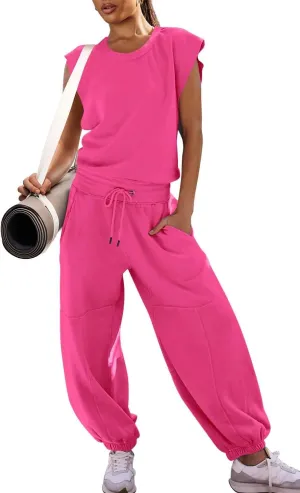 Women's Summer 2 Piece Outfits Backless Cap Sleeve Top and High Waist Loose Pants Set Tracksuit Trendy Loungewear