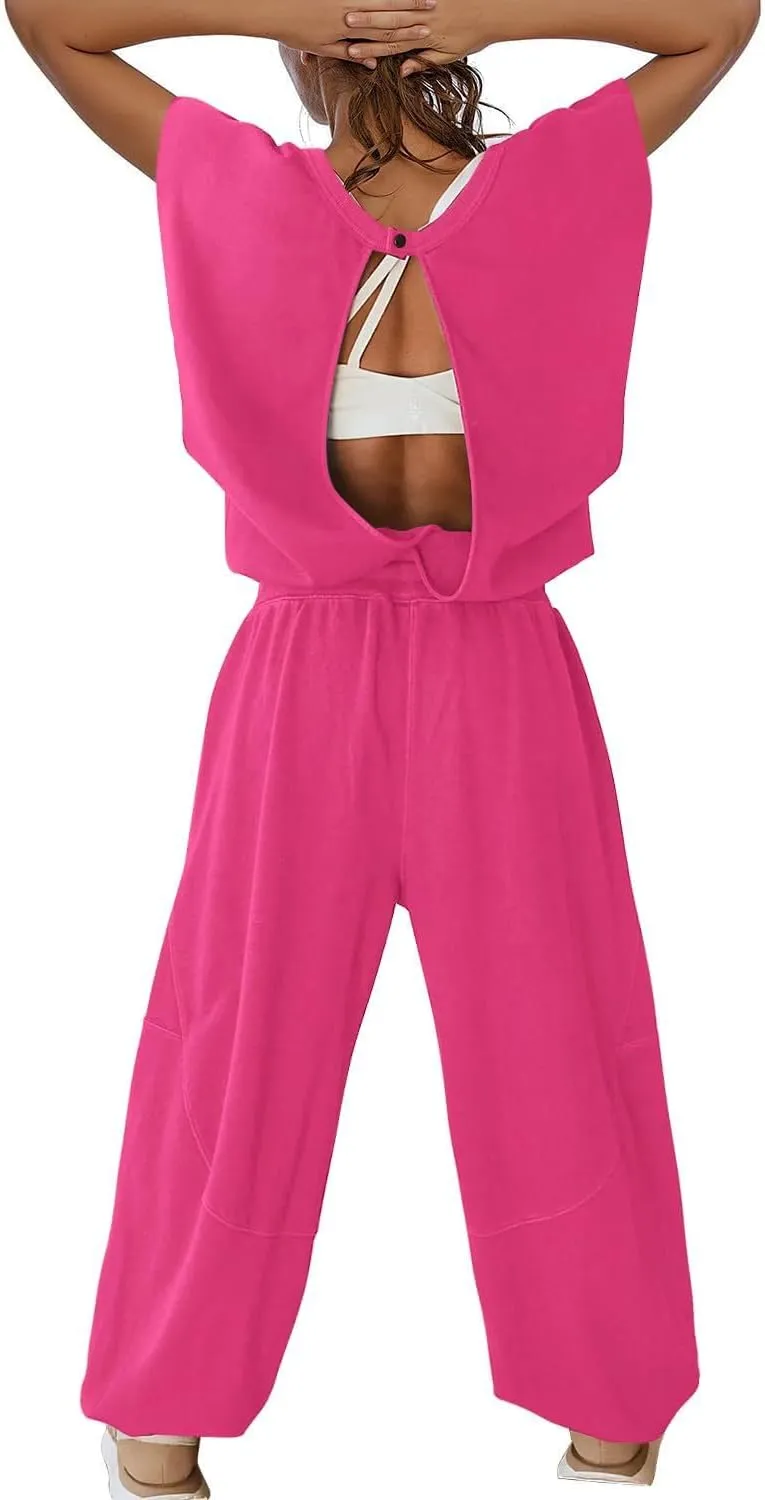 Women's Summer 2 Piece Outfits Backless Cap Sleeve Top and High Waist Loose Pants Set Tracksuit Trendy Loungewear
