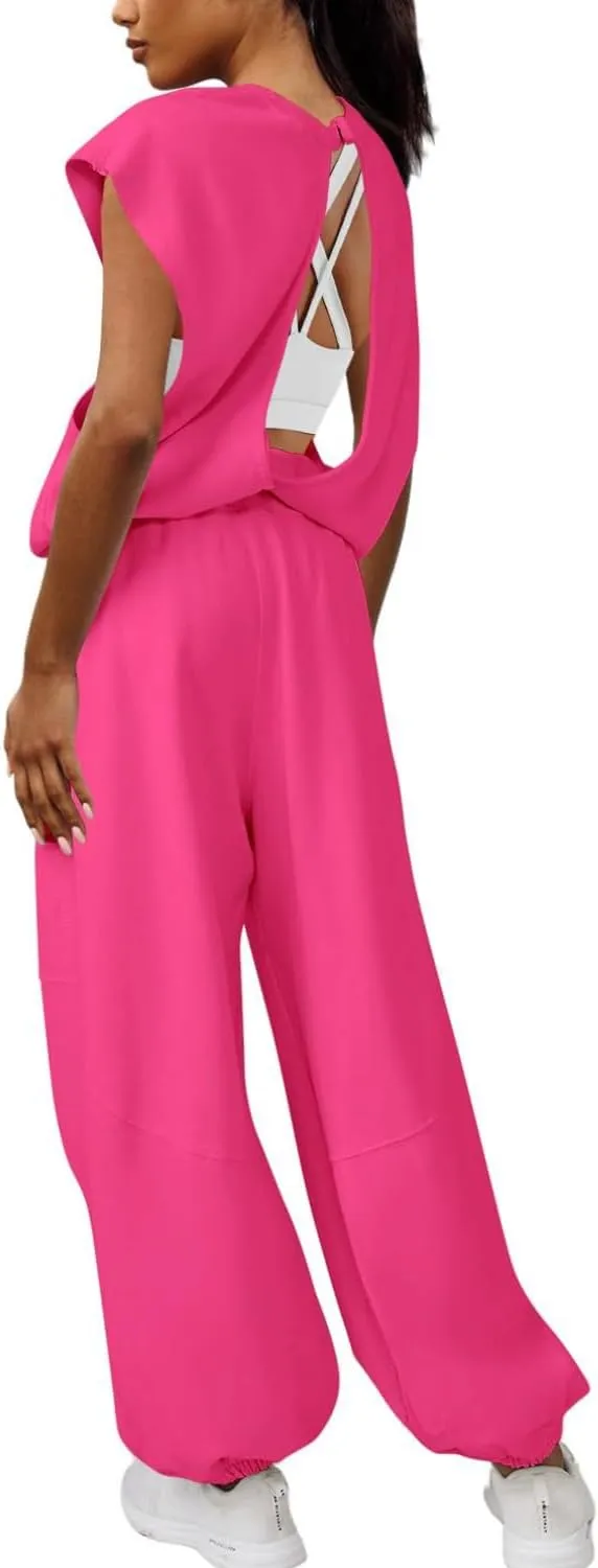 Women's Summer 2 Piece Outfits Backless Cap Sleeve Top and High Waist Loose Pants Set Tracksuit Trendy Loungewear