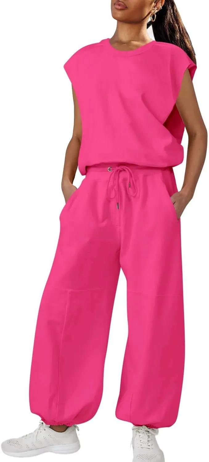 Women's Summer 2 Piece Outfits Backless Cap Sleeve Top and High Waist Loose Pants Set Tracksuit Trendy Loungewear