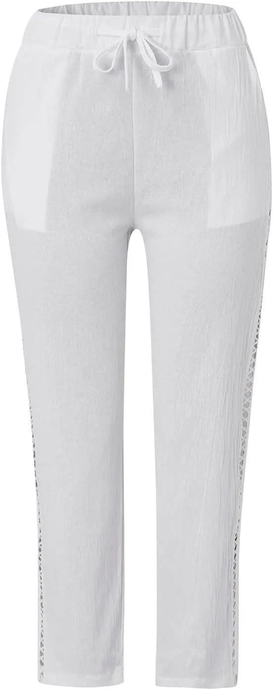 Women's Summer Casual Linen Pants Capris Drawstring Elastic High Waist Cotton Linen Cropped Trousers with Pockets