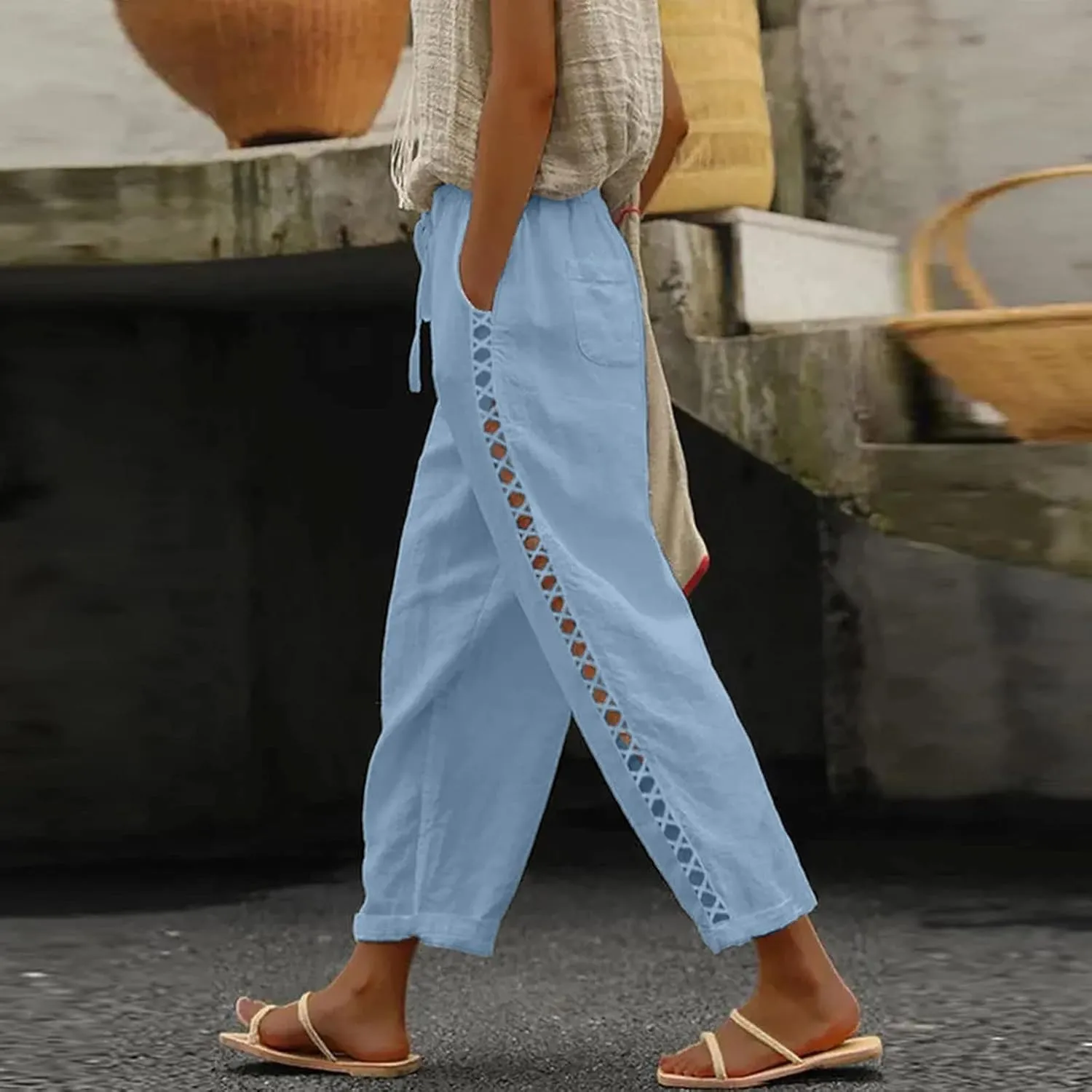 Women's Summer Casual Linen Pants Capris Drawstring Elastic High Waist Cotton Linen Cropped Trousers with Pockets