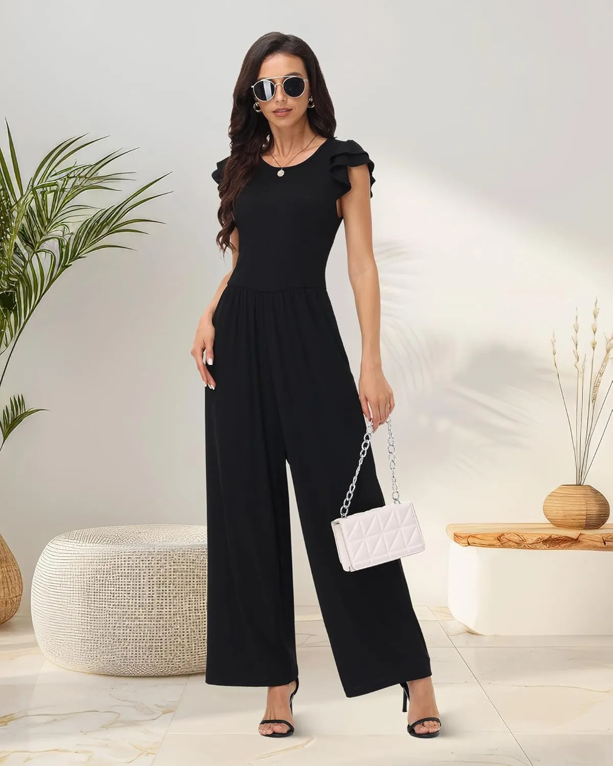 Women's Summer Dressy Jumpsuits Crew Neck Ruffle Cap Sleeves Rompers High Waist Wide Leg Jumpsuits with Pockets