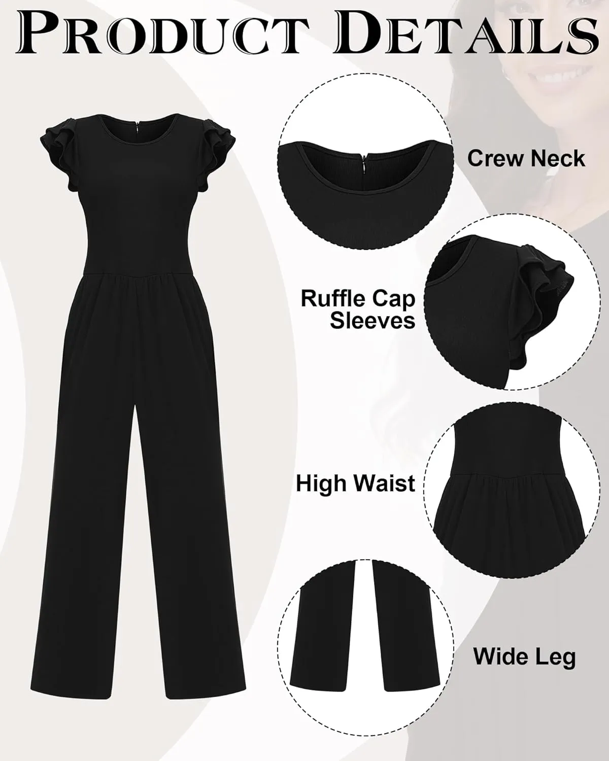 Women's Summer Dressy Jumpsuits Crew Neck Ruffle Cap Sleeves Rompers High Waist Wide Leg Jumpsuits with Pockets