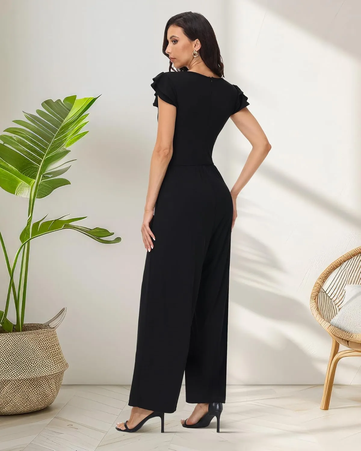 Women's Summer Dressy Jumpsuits Crew Neck Ruffle Cap Sleeves Rompers High Waist Wide Leg Jumpsuits with Pockets