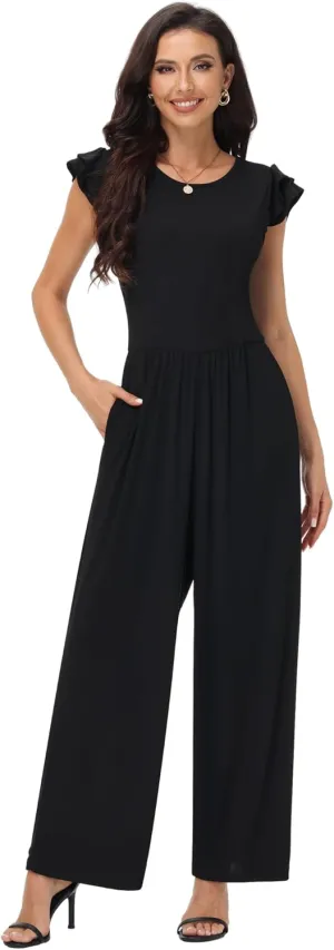 Women's Summer Dressy Jumpsuits Crew Neck Ruffle Cap Sleeves Rompers High Waist Wide Leg Jumpsuits with Pockets