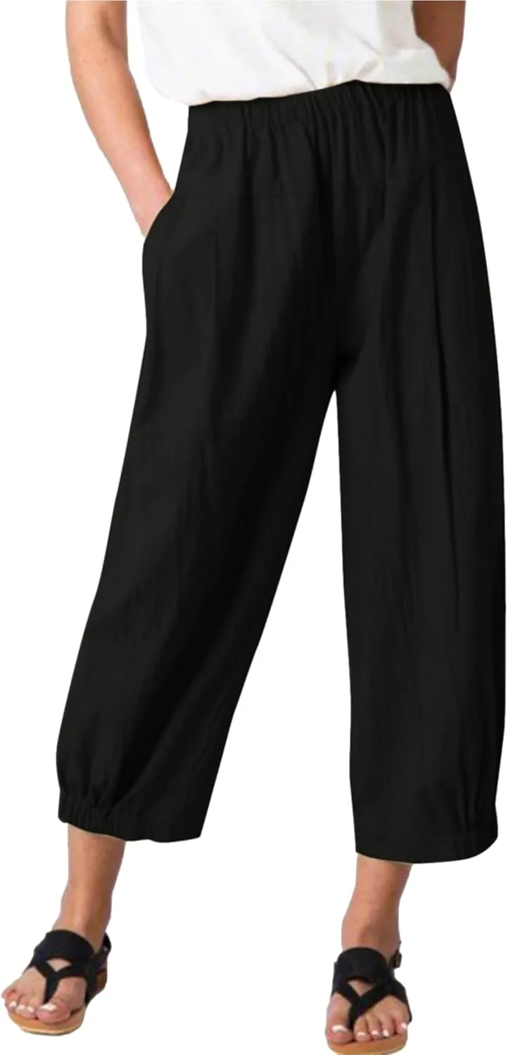 Women's Summer Linen Pants High Waisted Drawstring Printed Bohemian Capris Trousers