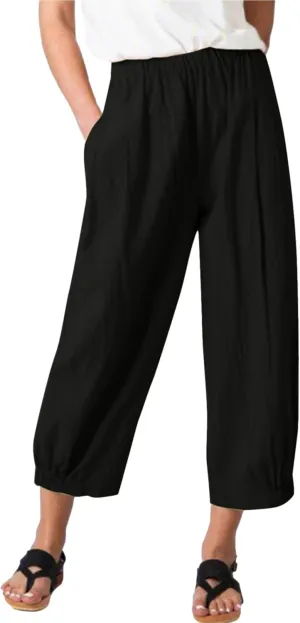 Women's Summer Linen Pants High Waisted Drawstring Printed Bohemian Capris Trousers