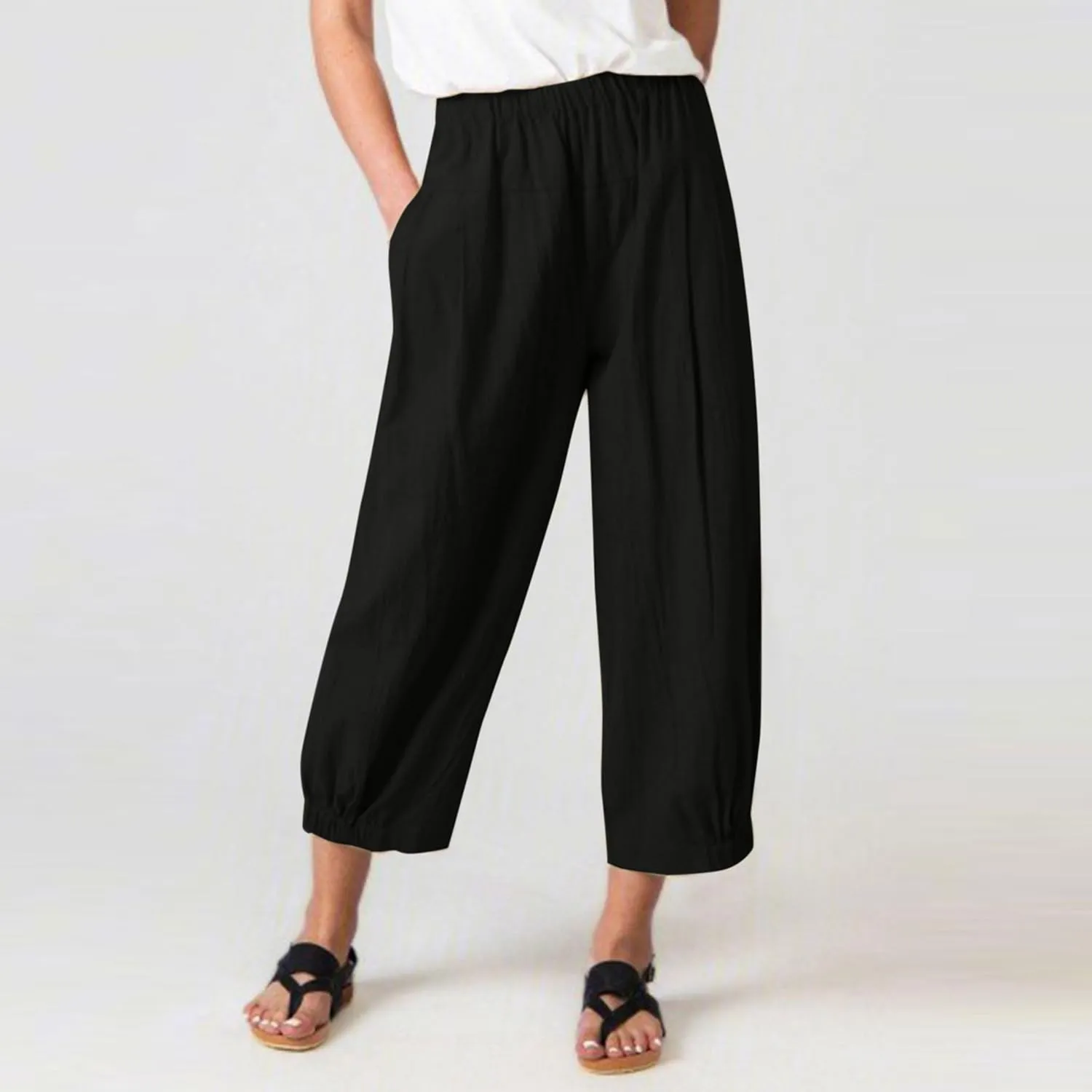 Women's Summer Linen Pants High Waisted Drawstring Printed Bohemian Capris Trousers