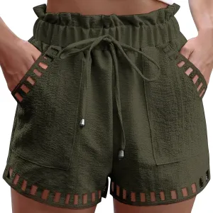 Womens Summer Shorts Cutout Elastic Drawstring Waisted Cotton Linen Casual Pants Solid Lightweight Quick Drying Travel Capris