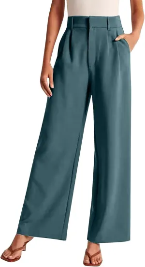 Women's Trousers Solid Color Thin High Waist Wide Leg Pants Womens Casual Stretchy Work Pants with Pockets