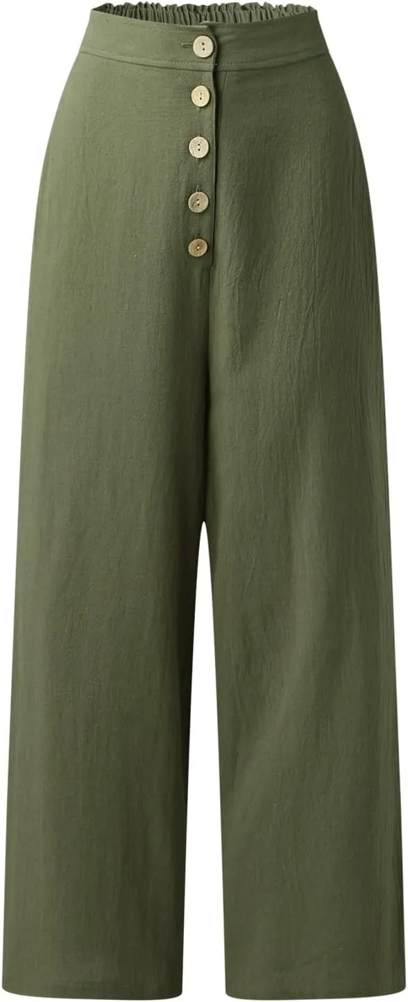 Women's Wide Leg Palazzo Trousers Solid Color High Waist Casual Pants Cotton Linen Generous Office Pants with