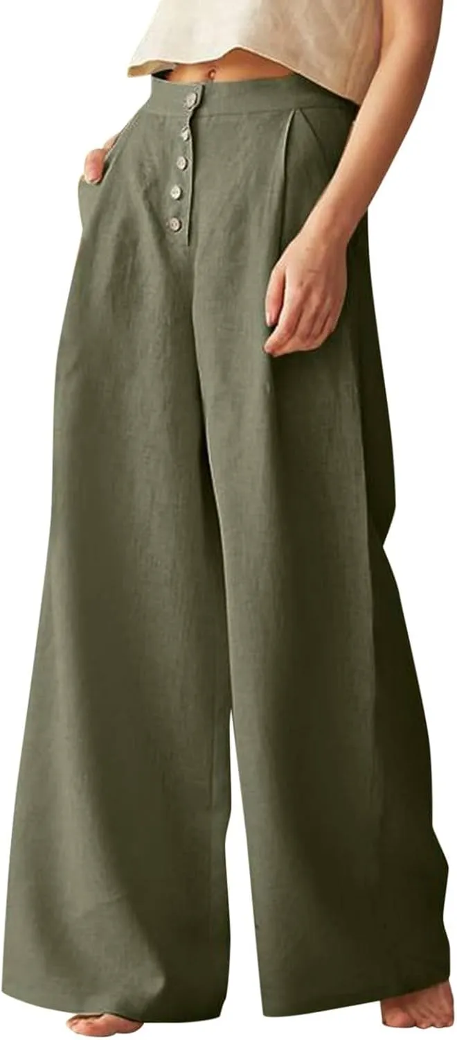 Women's Wide Leg Palazzo Trousers Solid Color High Waist Casual Pants Cotton Linen Generous Office Pants with