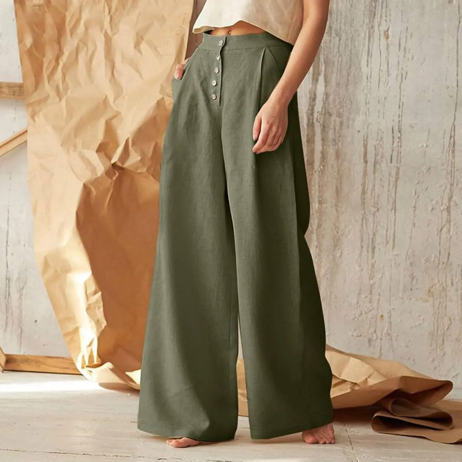 Women's Wide Leg Palazzo Trousers Solid Color High Waist Casual Pants Cotton Linen Generous Office Pants with