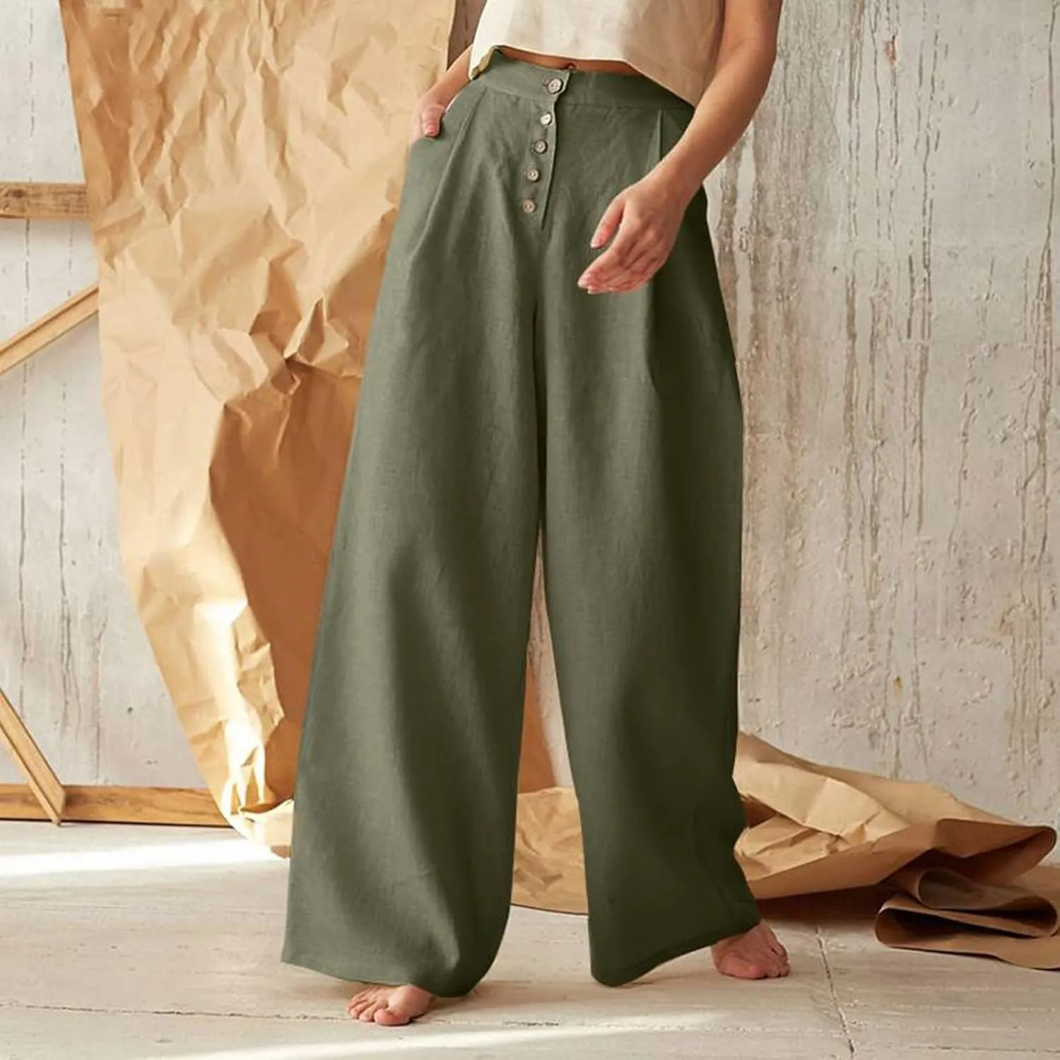 Women's Wide Leg Palazzo Trousers Solid Color High Waist Casual Pants Cotton Linen Generous Office Pants with