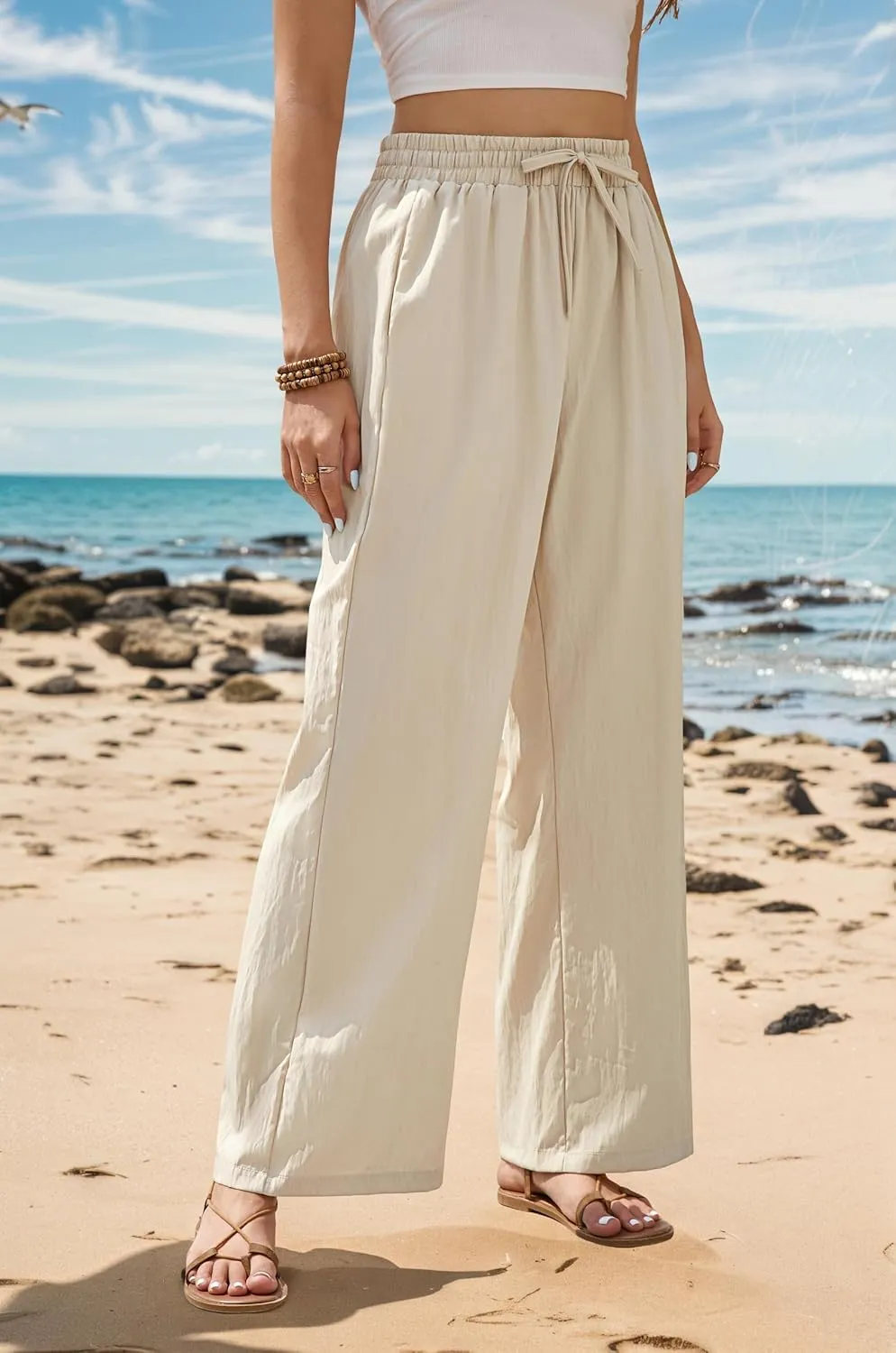 Women's Wide Leg Pants Flowy Pants for Women Casual Palazzo Trousers Loose Fit High Waisted Drawstring with Pocket