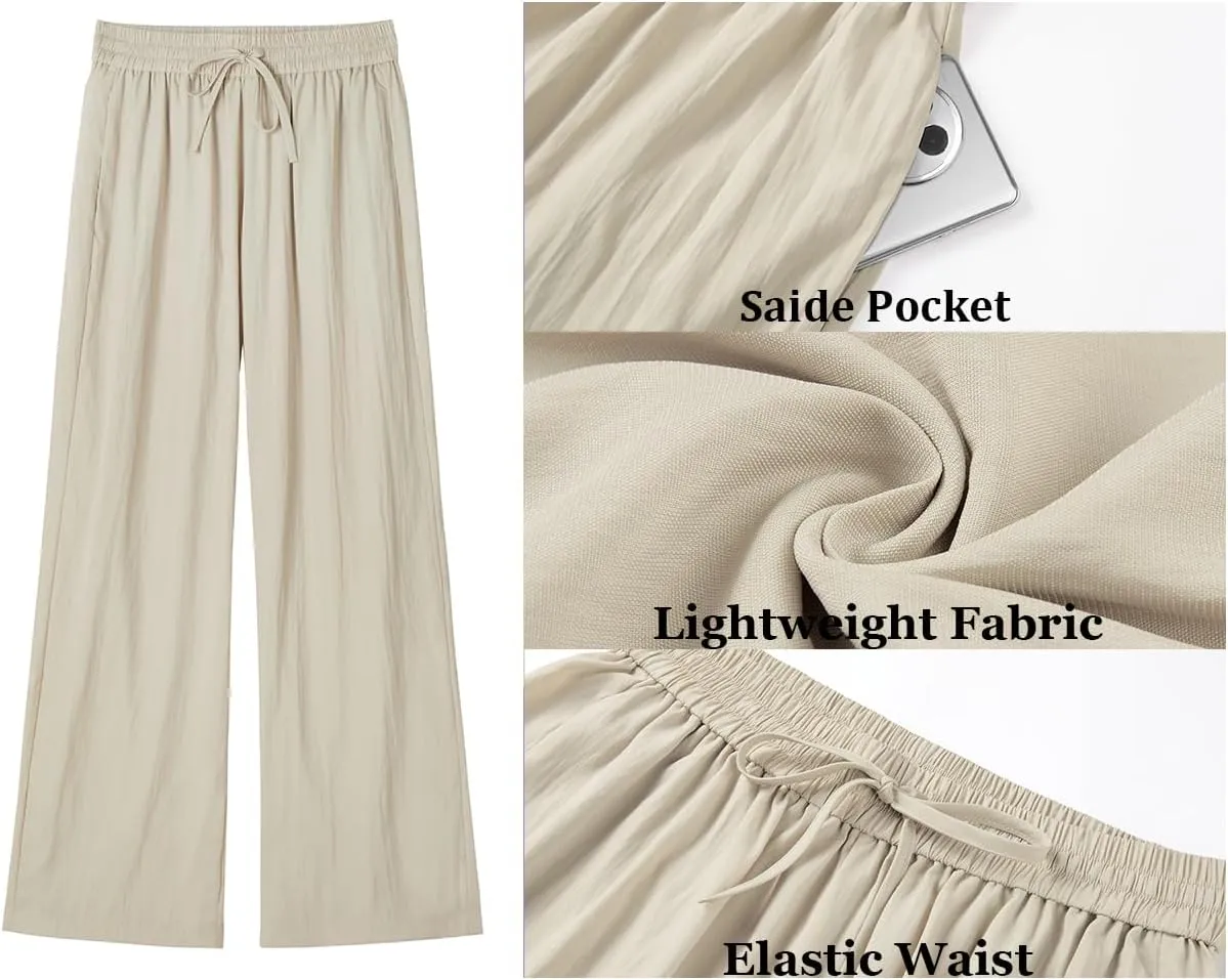 Women's Wide Leg Pants Flowy Pants for Women Casual Palazzo Trousers Loose Fit High Waisted Drawstring with Pocket