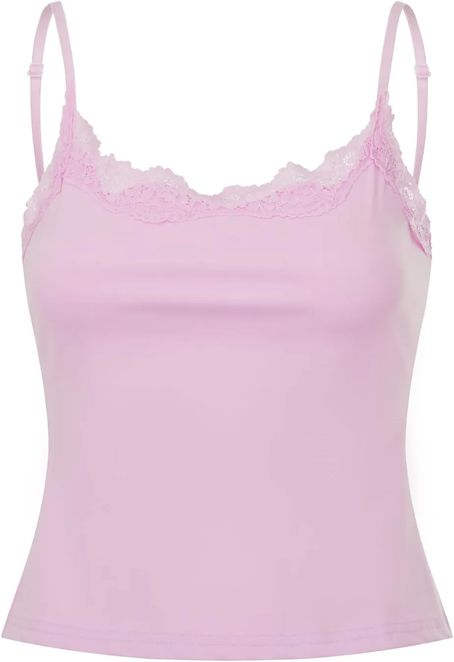 Women's Y2k Camisole Tank Tops Lace Trim Sleeveless Backless Solid Color Slim Fit Crop Tops Summer Sexy Vest Shirt