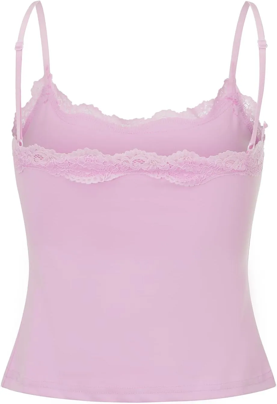 Women's Y2k Camisole Tank Tops Lace Trim Sleeveless Backless Solid Color Slim Fit Crop Tops Summer Sexy Vest Shirt
