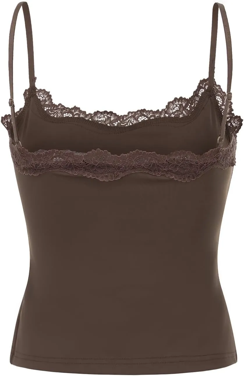 Women's Y2k Camisole Tank Tops Lace Trim Sleeveless Backless Solid Color Slim Fit Crop Tops Summer Sexy Vest Shirt