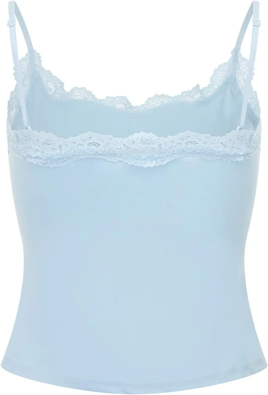 Women's Y2k Camisole Tank Tops Lace Trim Sleeveless Backless Solid Color Slim Fit Crop Tops Summer Sexy Vest Shirt