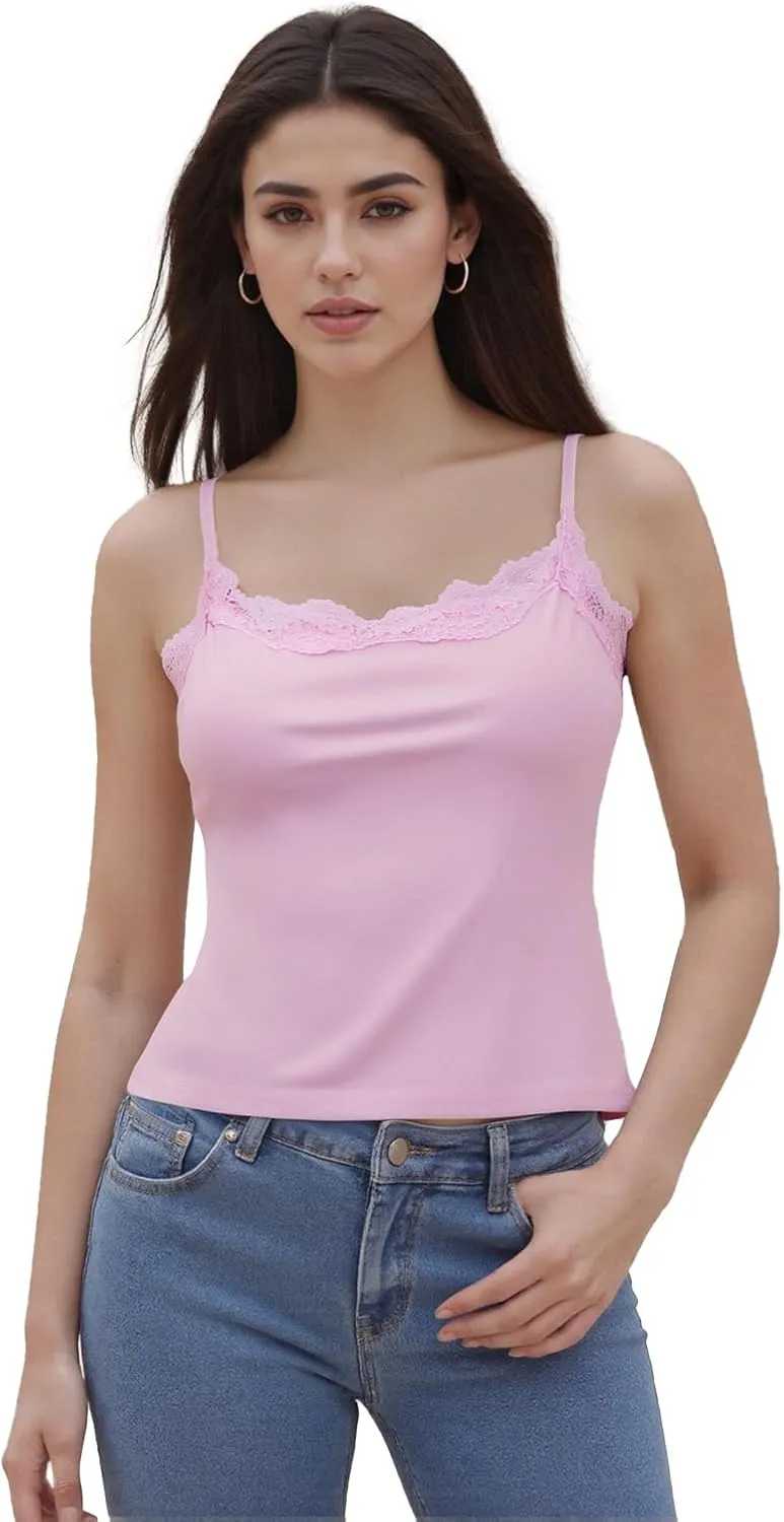 Women's Y2k Camisole Tank Tops Lace Trim Sleeveless Backless Solid Color Slim Fit Crop Tops Summer Sexy Vest Shirt