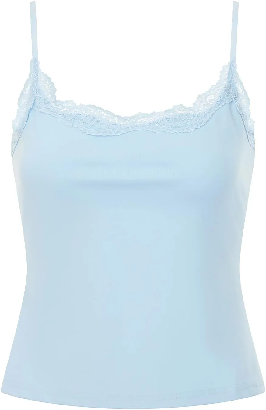 Women's Y2k Camisole Tank Tops Lace Trim Sleeveless Backless Solid Color Slim Fit Crop Tops Summer Sexy Vest Shirt