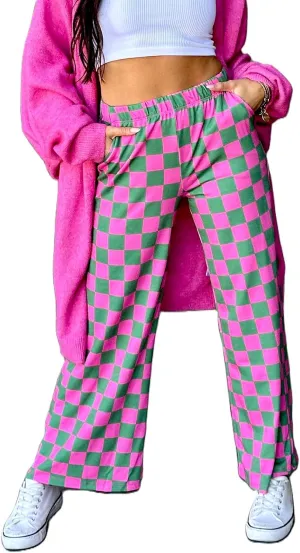 Womens Y2K Checkered Wide Leg Pants High Elastic Waist Plaid Straight Loose Fit Lounge Trouser Going Out Streetwear