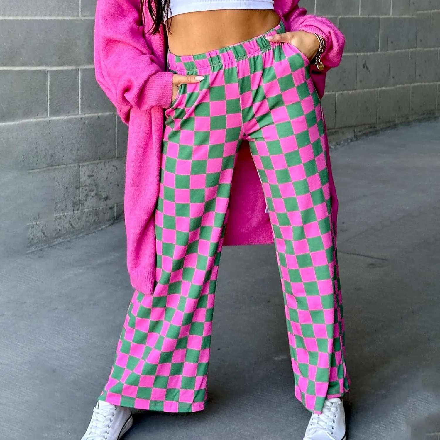 Womens Y2K Checkered Wide Leg Pants High Elastic Waist Plaid Straight Loose Fit Lounge Trouser Going Out Streetwear