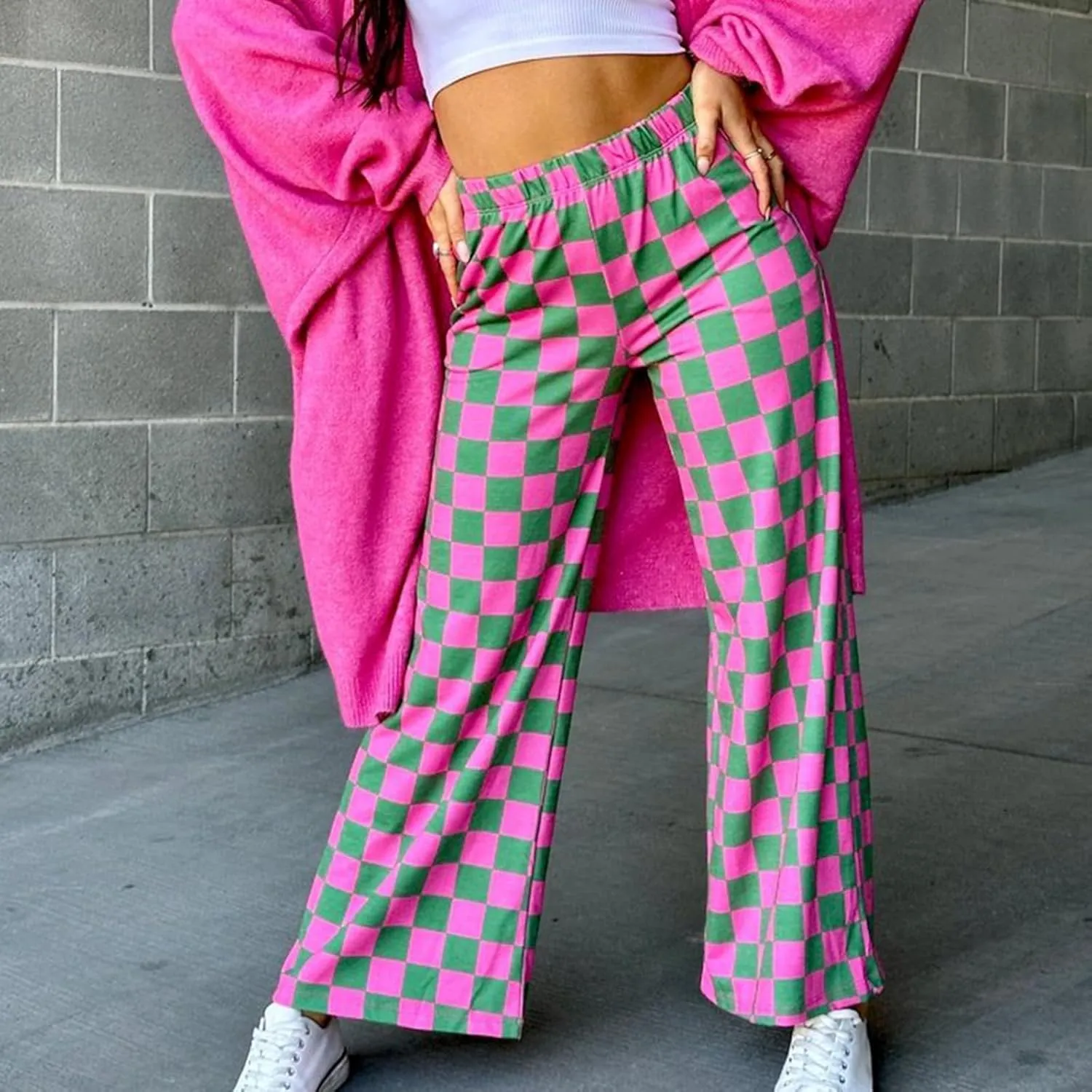 Womens Y2K Checkered Wide Leg Pants High Elastic Waist Plaid Straight Loose Fit Lounge Trouser Going Out Streetwear