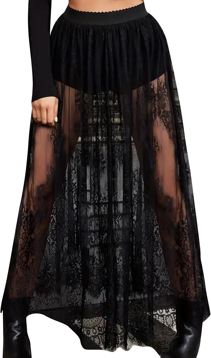 Women's Y2k Lace Mesh Skirt with Shorts Club Party Maxi Skirts Sexy Sheer See Through High Waist Flowy Goth Costumes
