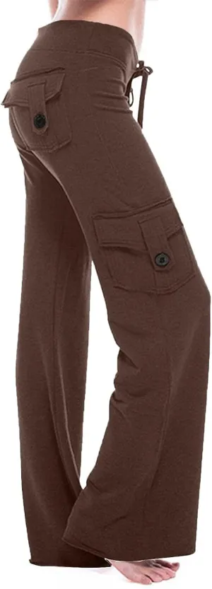 Womens Yoga Leggings Cargo Pants Stretchy High Waist Elastic Loose Trousers with Pockets Wide Leg Workout Sweatpants