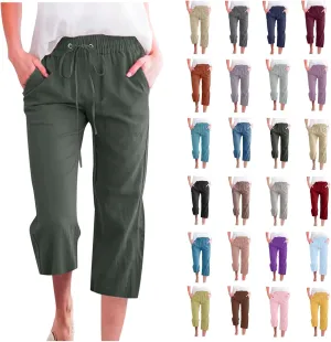 yardsong Linen Capris for Women Summer Casual Loose Fit Cropped Pants Drawstring Elastic Waist Lounge Pant with Pockets