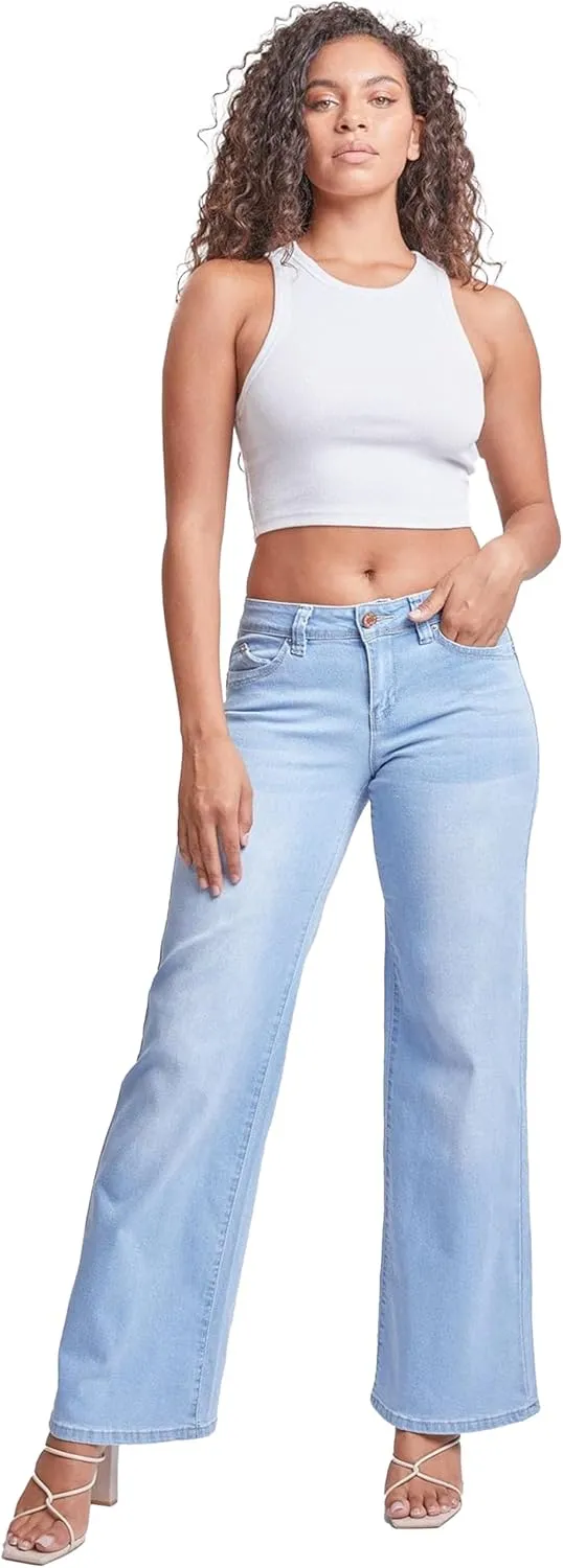 YMI Womens Sustainable Wannabettabutt Low Rise Wide Leg Jeans