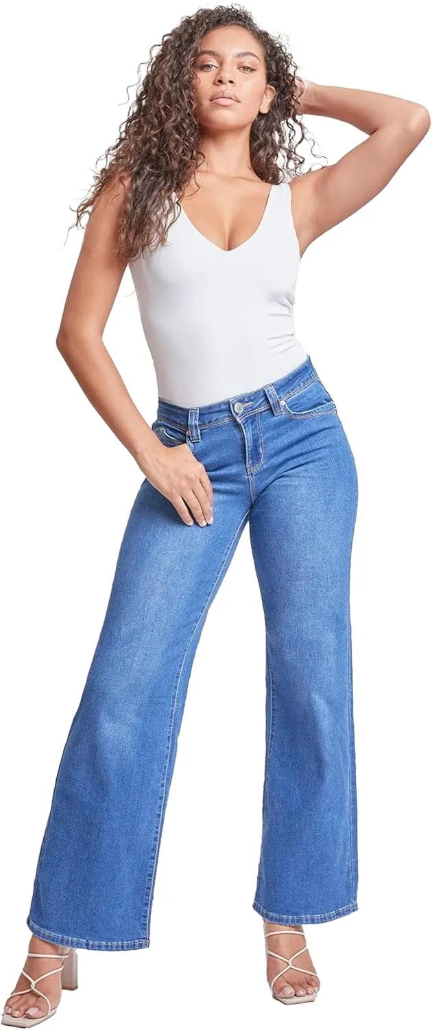 YMI Womens Sustainable Wannabettabutt Low Rise Wide Leg Jeans