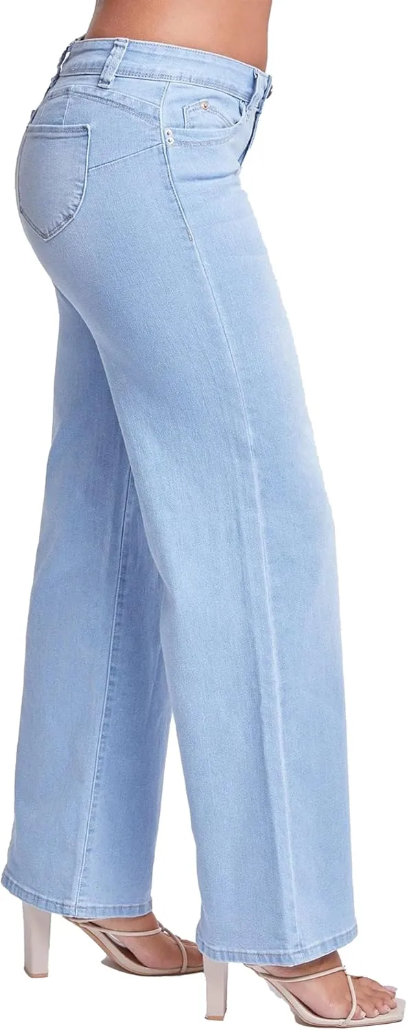 YMI Womens Sustainable Wannabettabutt Low Rise Wide Leg Jeans