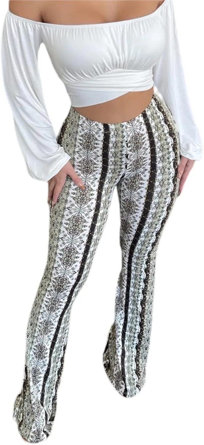 Yoawdats Women's Floral Print Elastic Waist Flare Pants Casual High Waist Slimming Long Pants Trousers Leggings Streetwear
