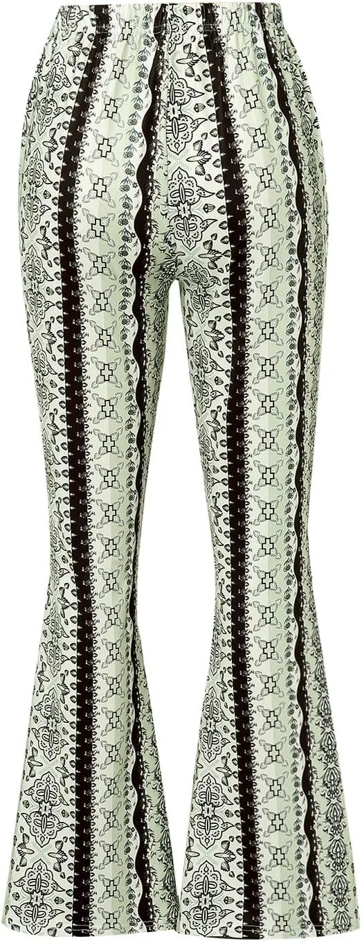 Yoawdats Women's Floral Print Elastic Waist Flare Pants Casual High Waist Slimming Long Pants Trousers Leggings Streetwear