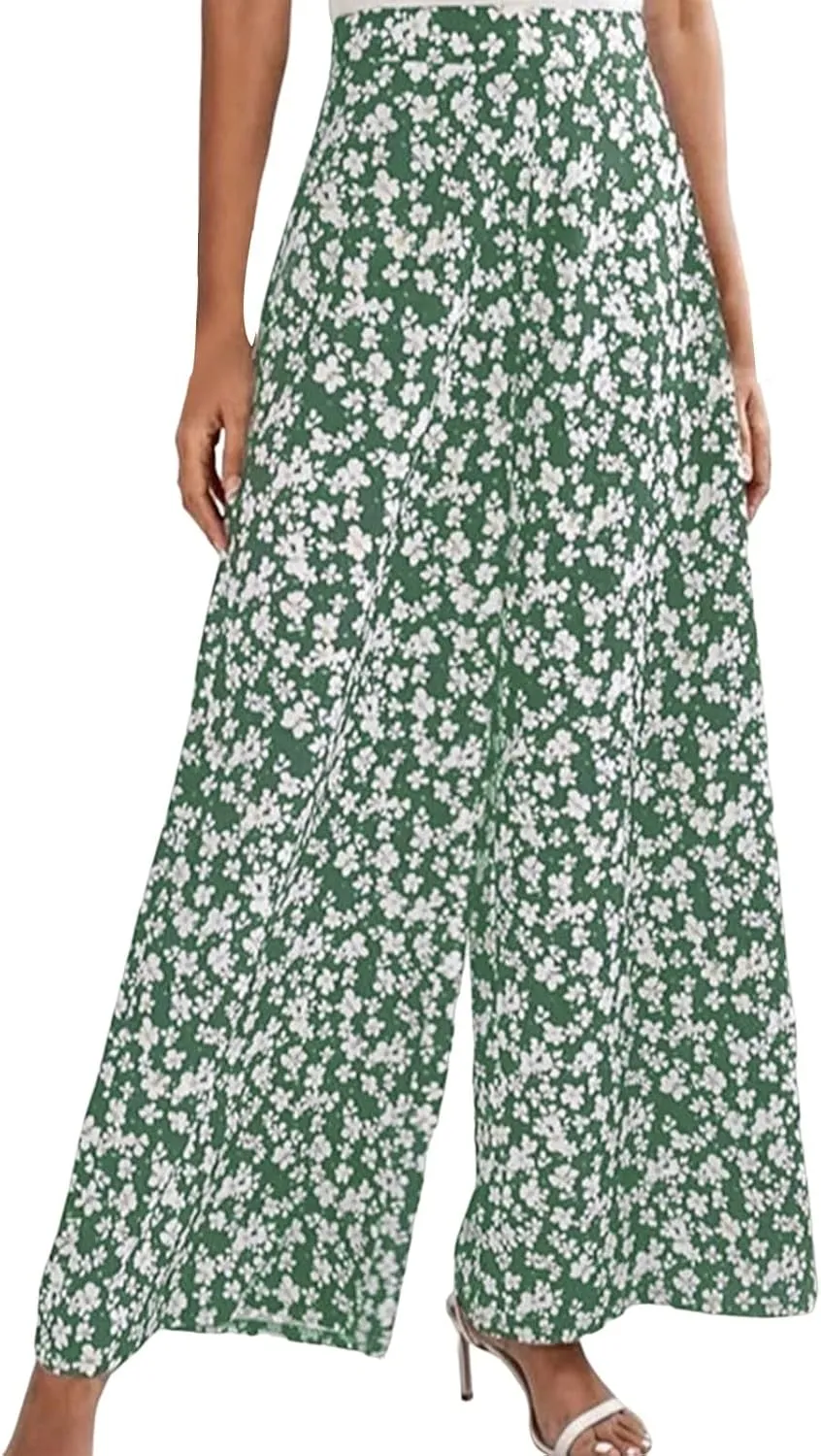 YOLAI Women's Floral Print Loose Pants Casual Lightweight Wide Leg Trousers Long Palazzo Pants