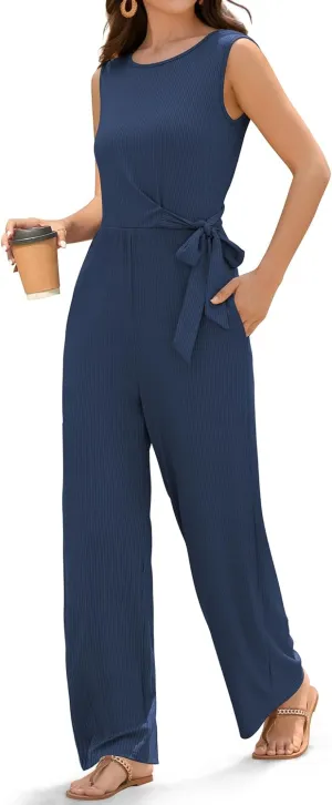 ZAFUL Women's 2025 Summer Dressy Jumpsuits Casual One Piece Outfits Pockets Belt Bow Sleeveless Long Wide Leg Pants Rompers
