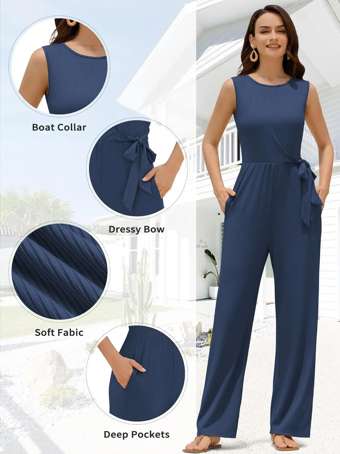 ZAFUL Women's 2025 Summer Dressy Jumpsuits Casual One Piece Outfits Pockets Belt Bow Sleeveless Long Wide Leg Pants Rompers