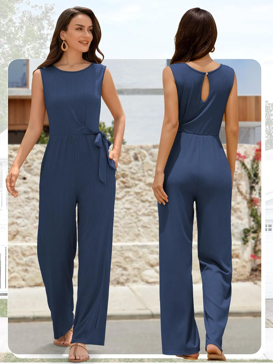 ZAFUL Women's 2025 Summer Dressy Jumpsuits Casual One Piece Outfits Pockets Belt Bow Sleeveless Long Wide Leg Pants Rompers
