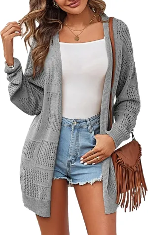 ZAFUL Women's Summer Cardigan Open Front Sweater Casual Long Sleeve Boho Crochet Knit Cover Up