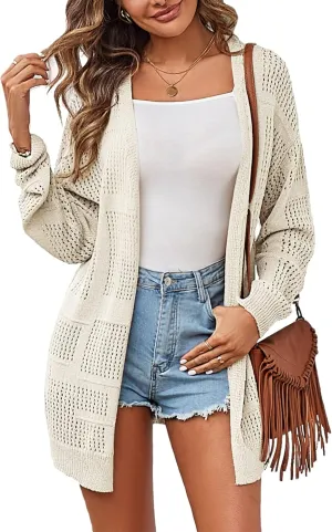 ZAFUL Women's Summer Cardigan Open Front Sweater Casual Long Sleeve Boho Crochet Knit Cover Up
